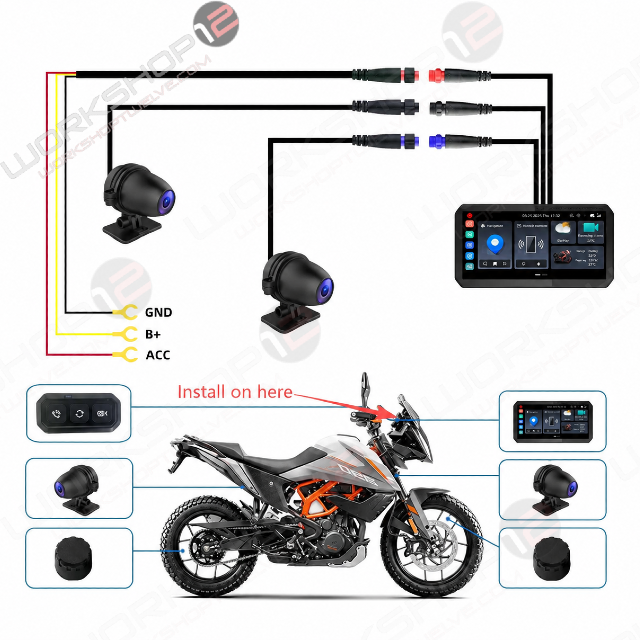 Workshop 12 MotoPlay 6.1" motorcycle screen with wireless CarPlay, wireless Android Auto, dual Sony cameras, and TPMS. IP67 waterproof, 1000-nit motorcycle screen which supports glove touch, Tire temperature and more!