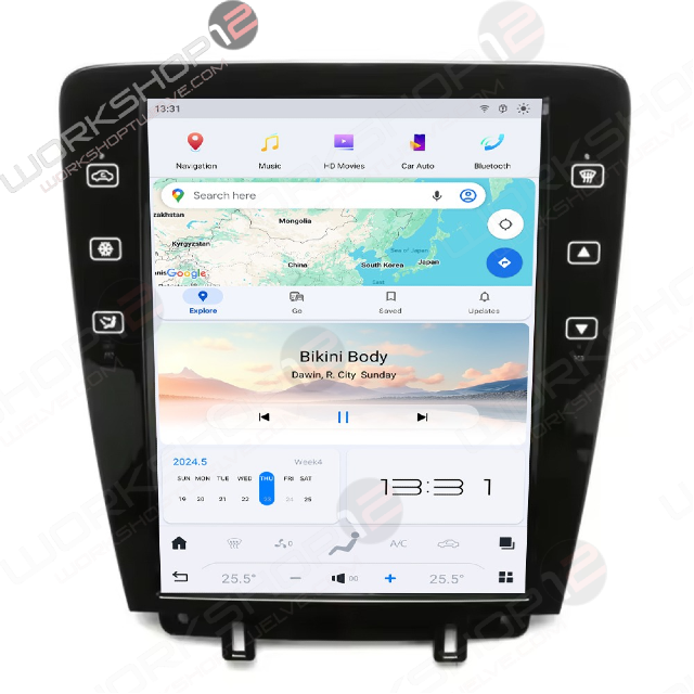 ntroducing The Workshop 12 Tesla-Style Screen for the Ford Mustang The Workshop 12 Tesla-Style Screen is the perfect Plug-and-play solution for your 2009-2014 Ford Mustang! Equipped with a 12.1" HD IPS display and wireless Apple CarPlay and Android Auto. Tons of storage with 128GB internal space and 8GB RAM for the smooth performance you deserve. We've made sure that your steering wheel controls work perfectly with our unit and don't worry about losing your factory reverse cameras as our unit works seamless