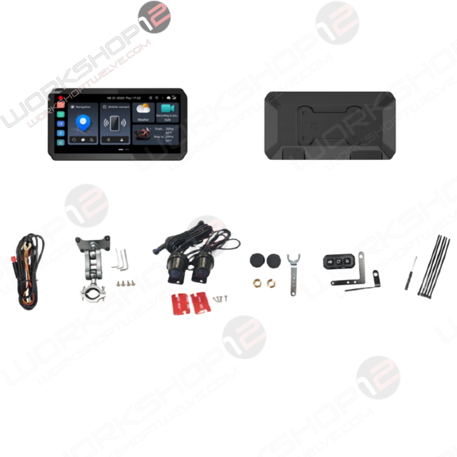 Workshop 12 MotoPlay 6.1" motorcycle screen with wireless CarPlay, wireless Android Auto, dual Sony cameras, and TPMS. IP67 waterproof, 1000-nit motorcycle screen which supports glove touch, Tire temperature and more!