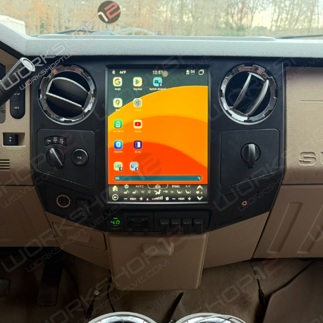 The Workshop 12 Tesla-Style Screen is the perfect Plug and Play solution for your 2008-2010 F-250, F-350 &amp; F-550! Equipped with a 12.1" HD IPS display and wireless Apple CarPlay and Android Auto. Tons of storage with 256GB internal space and 12GB RAM for the smooth performance you deserve. We've made sure that your steering wheel controls work perfectly with our unit and don't worry about losing your factory reverse camera as our unit works seamlessly with the OEM camera