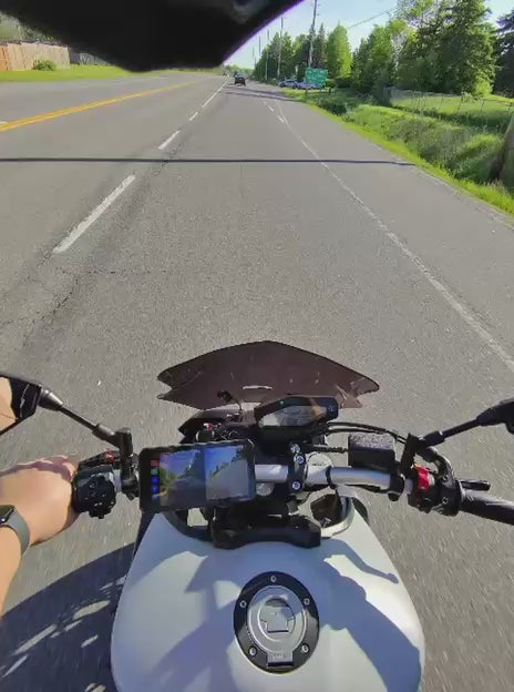 Workshop 12 MotoPlay 6.1" motorcycle screen with wireless CarPlay, wireless Android Auto, dual Sony cameras, and TPMS. IP67 waterproof, 1000-nit motorcycle screen which supports glove touch, Tire temperature and more!